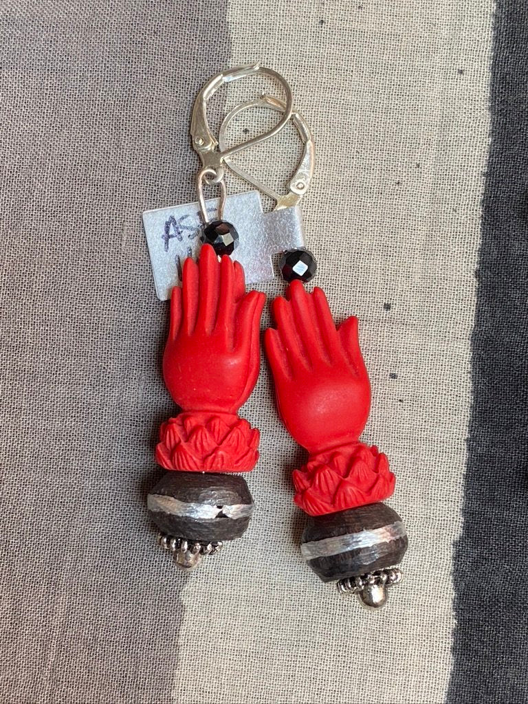French lever cinnabar lotus prayer hand earring Andrea Serrahn Serrahna