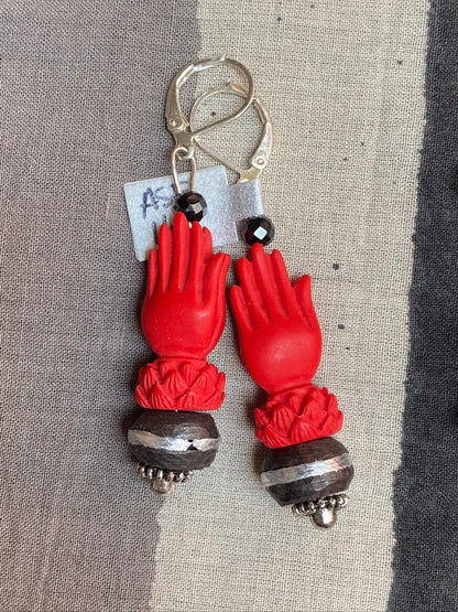 French lever cinnabar lotus prayer hand earring Andrea Serrahn Serrahna