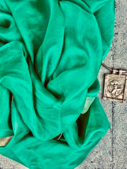 Rich jade whisper pure soft silk with metallic border and fringe tied ends Andrea Serrahn Serrahna