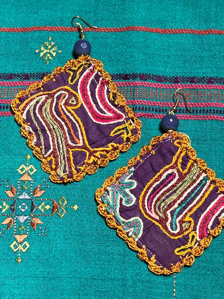 Rabari choli upcycled hand-embroidered oversized lightweight earrings Andrea Serrahn Serrahna