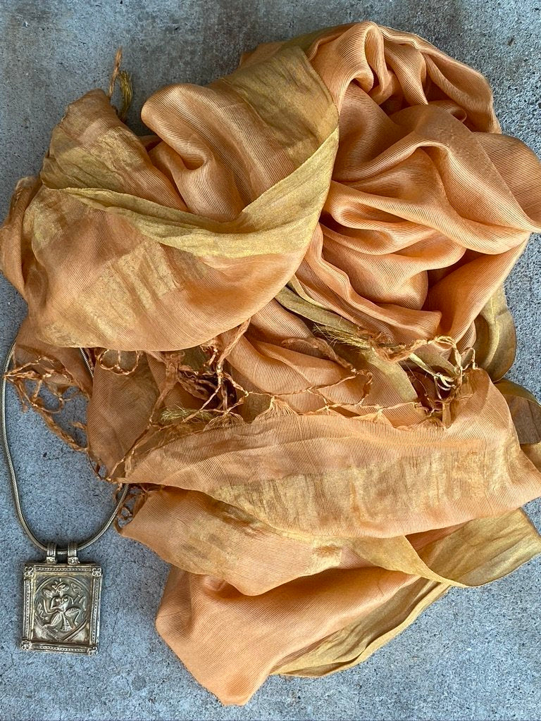 Cantaloupe whisper pure soft silk with metallic border and fringe tied ends Andrea Serrahn Serrahna