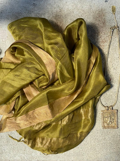 Luxor yellow chartreuse whisper pure soft silk with metallic border and fringe tied ends Andrea Serrahn Serrahna