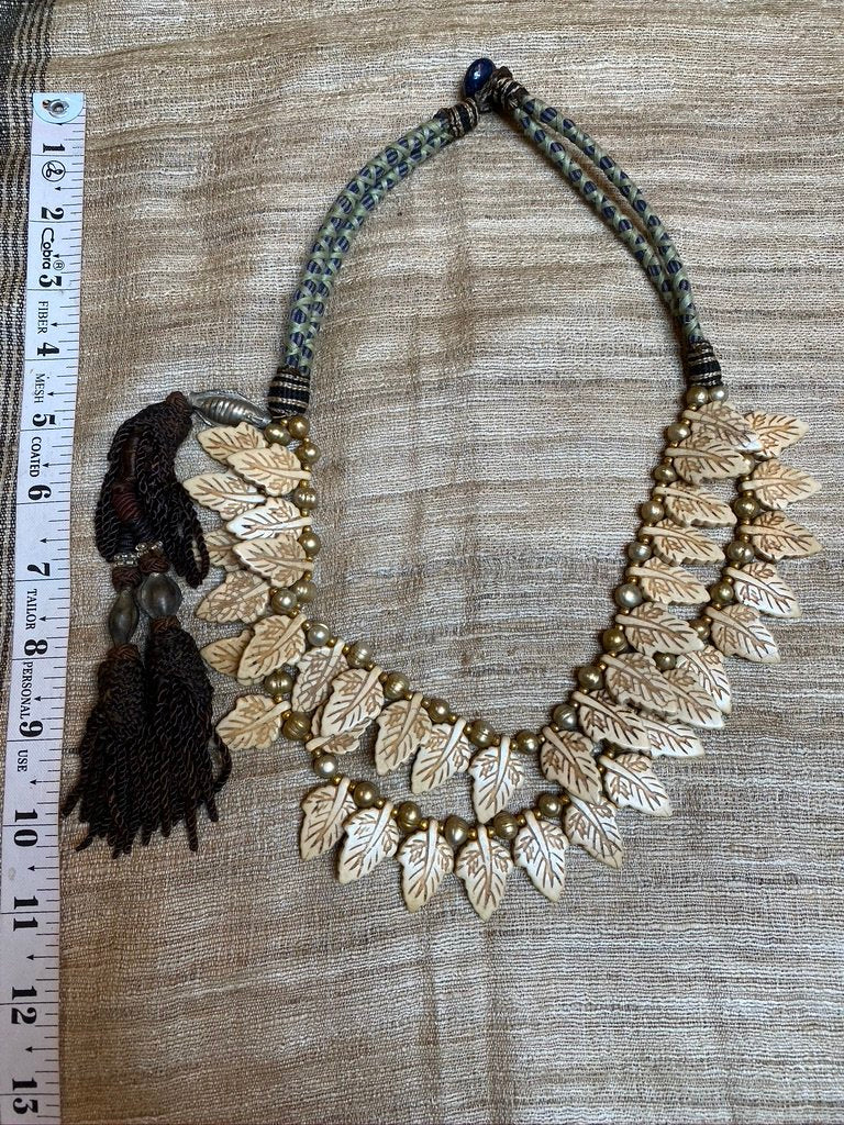 Carved ivory leaf dirty pearl vintage tassles lapis button loop closure necklace Andrea Serrahn Serrahna