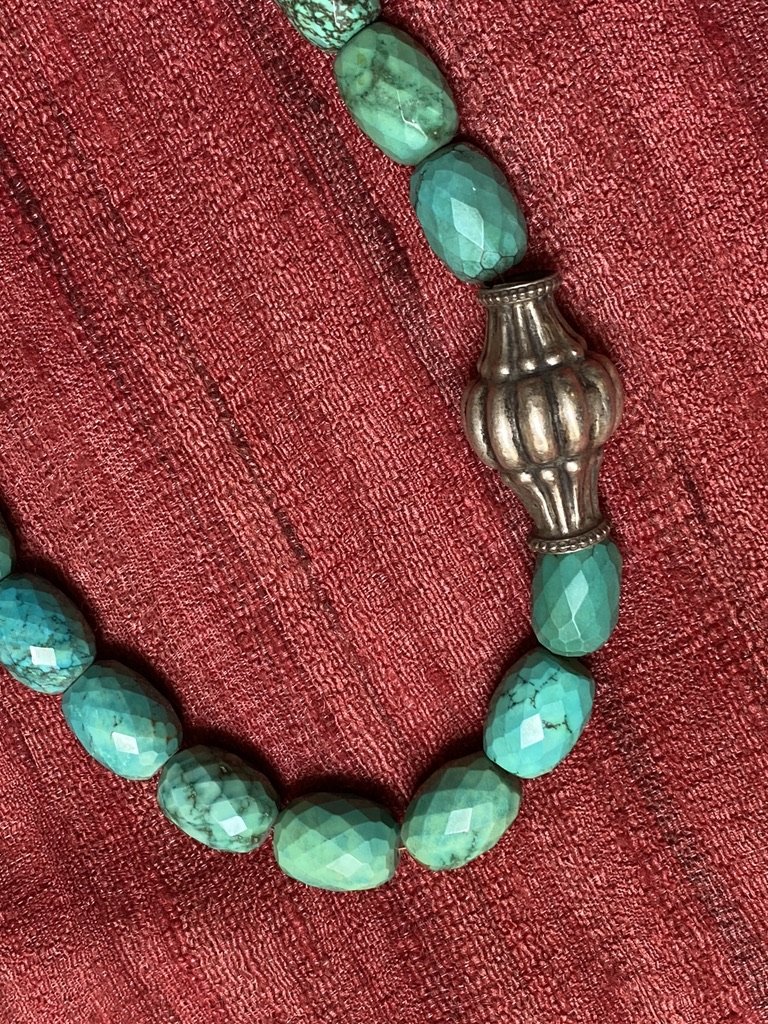 Faceted turquoise tribal patterned pattras seed beads vintage Indian silver Andrea Serrahn Serrahna