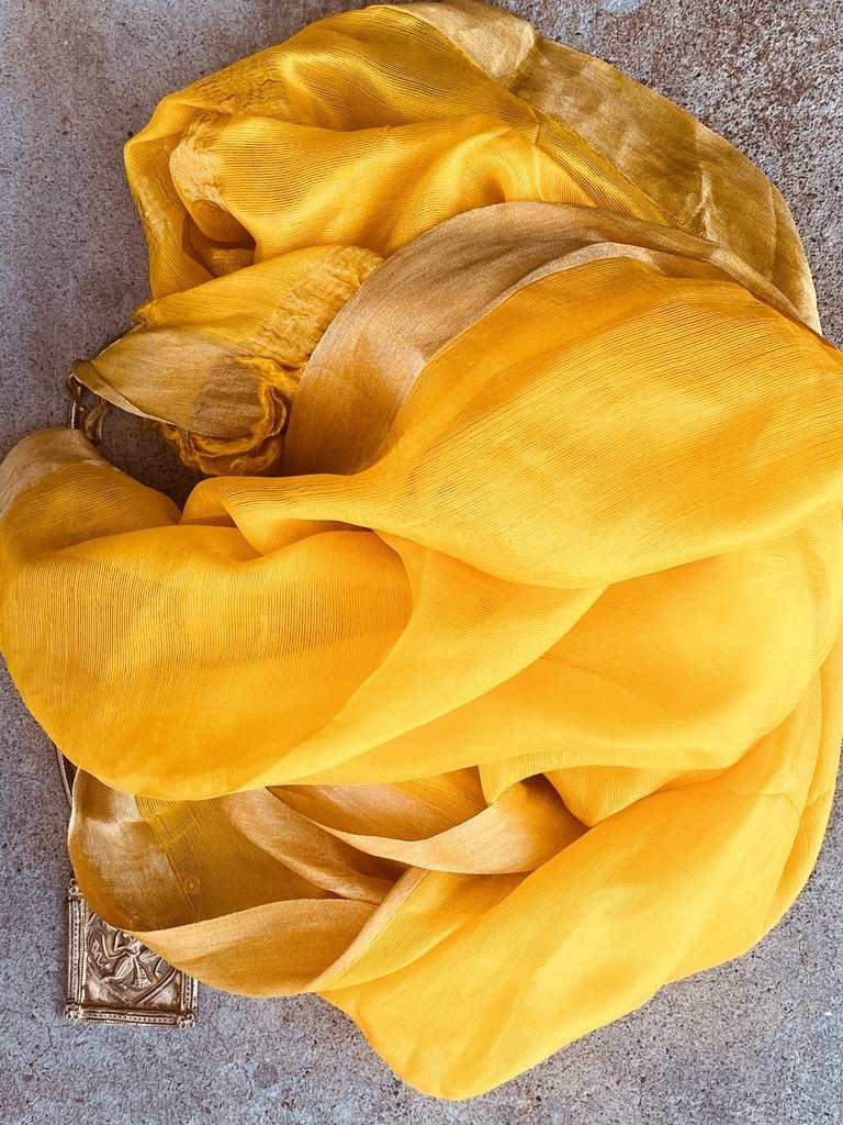 Lemon yellow whisper pure soft silk with metallic border and fringe tied ends Andrea Serrahn Serrahna