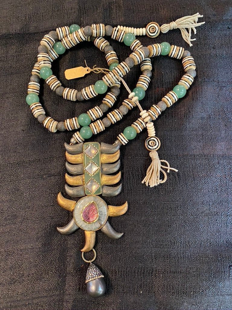 Abstract mixed metal ruby cz nepalese beads chalcedony green necklace Andrea Serrahn Serrahna