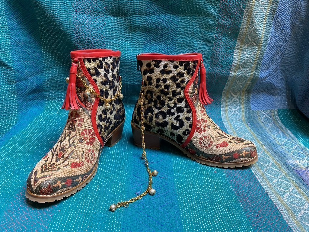 Leopard queen bootie tassles anklet style red piping Andrea Serrahn Serrahna