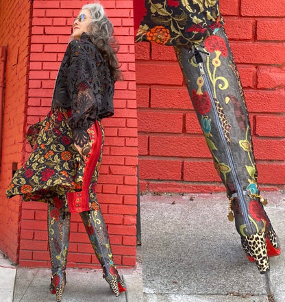 Over the knee leopard textile floral brocade red sole suede cuff boot Andrea Serrahn Serrahna