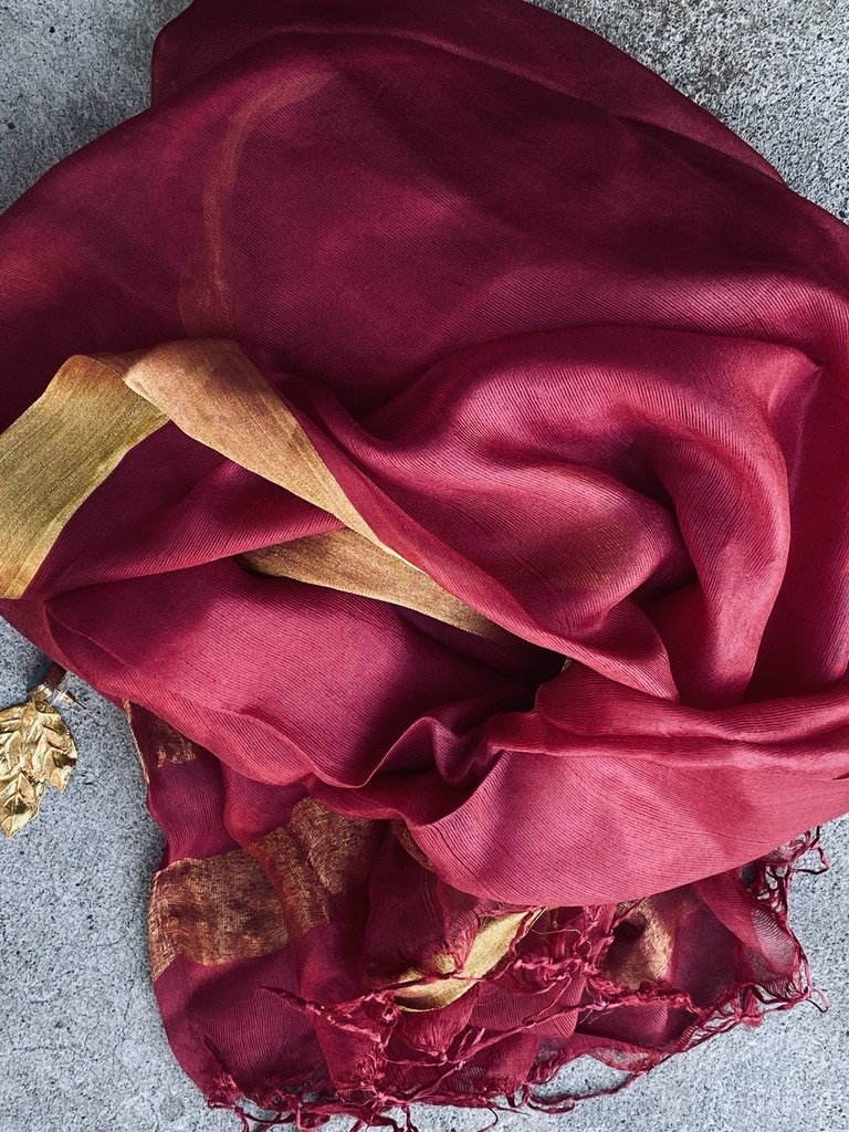 Pomegranate whisper pure soft silk with metallic border and fringe tied ends Andrea Serrahn Serrahna