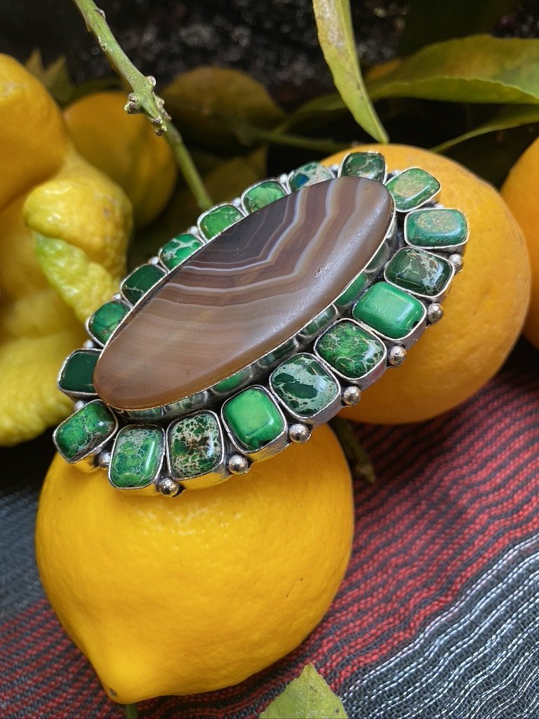 Jumbo agate malachite base metal statement ring Andrea Serrahn Serrahna