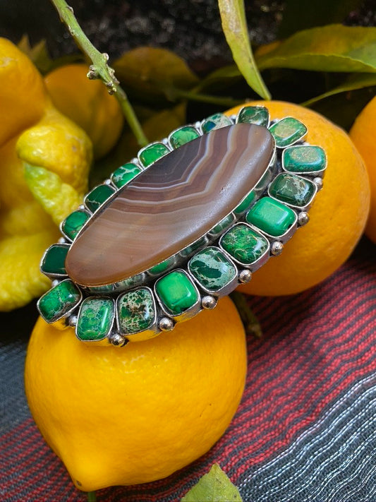 Jumbo agate malachite base metal statement ring Andrea Serrahn Serrahna