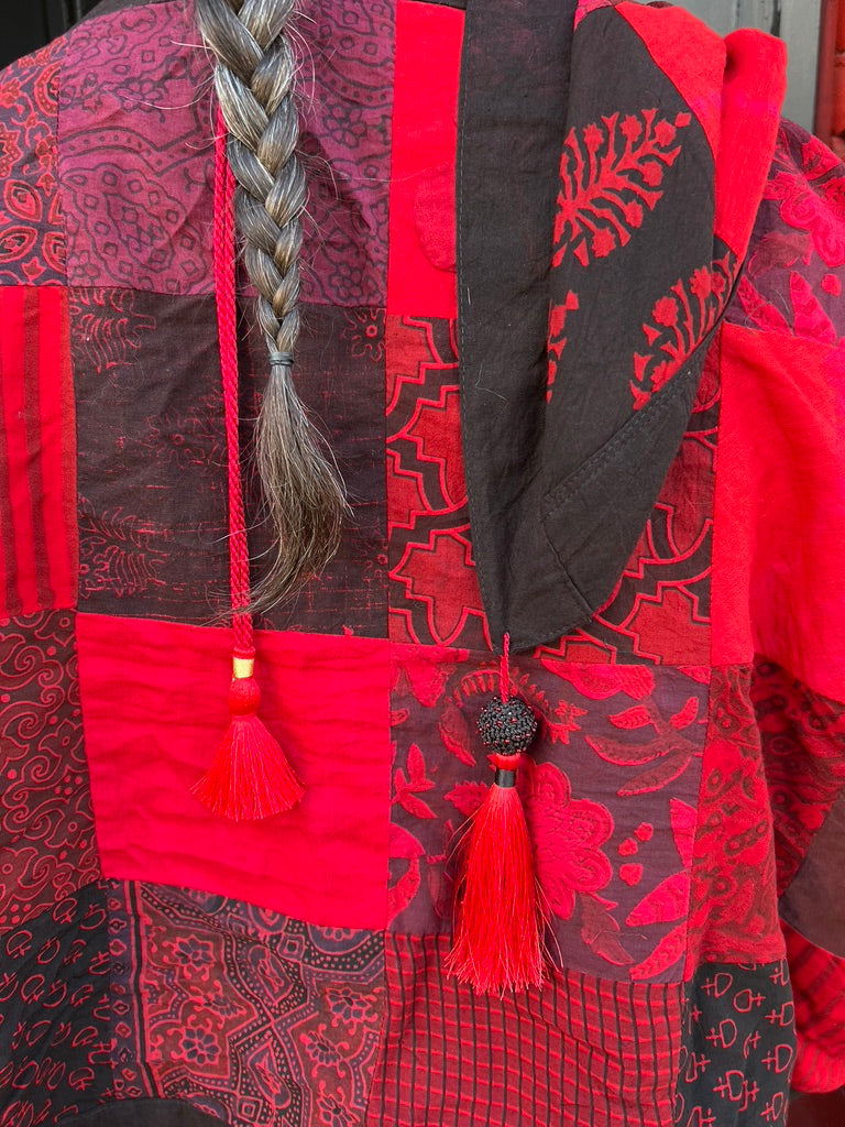 Red black tassles patchwork opera shawl Andrea Serrahn Serrahna