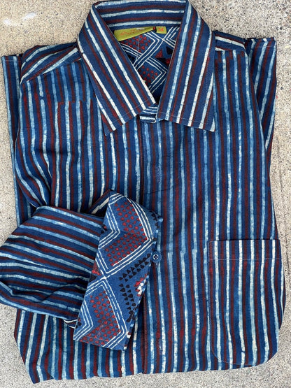 Men's button down collar longsleeve hand block print cotton shirt Andrea Serrahn Serrahna