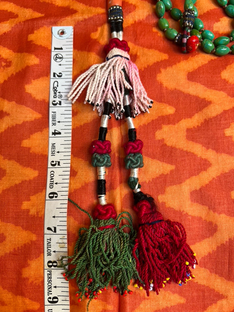 Turquoise bead hand knotted vintage Turkman shell beaded tassels long necklace red coral and carnelian beads Andrea Serrahn Serrahna