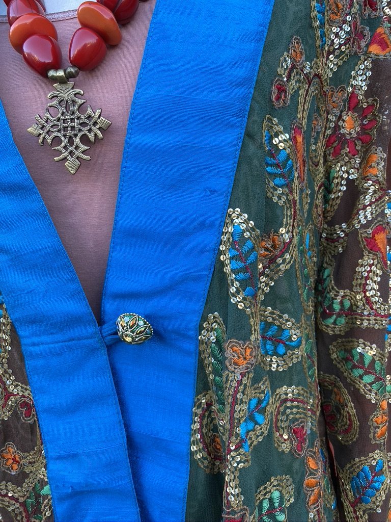 Maharani swing jacket hand embroidered sequin bling olive and electric blue Andrea Serrahn Serrahna