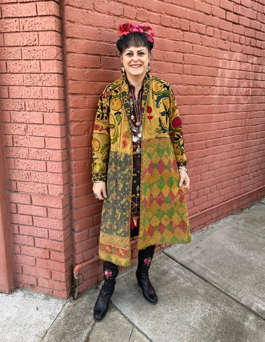 Mustard tapestry suzani long coat Andrea Serrahn Serrahna