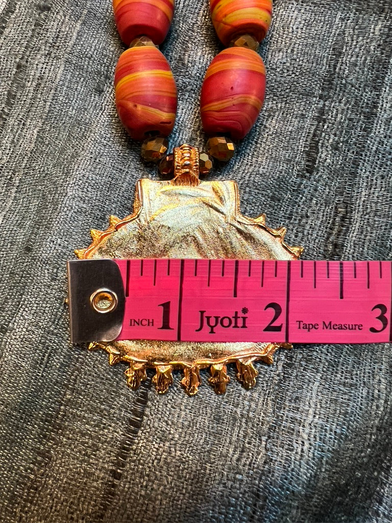 Nepalese Sunset Ceramic Bead orange stripe beads gold plated brass embossed pendant Andrea Serrahn Serrahna