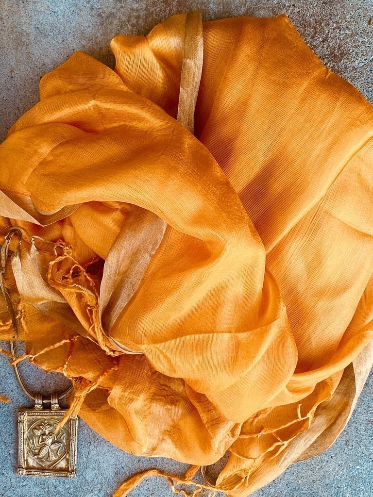Tangerine whisper pure soft silk with metallic border and fringe tied ends Andrea Serrahn Serrahna
