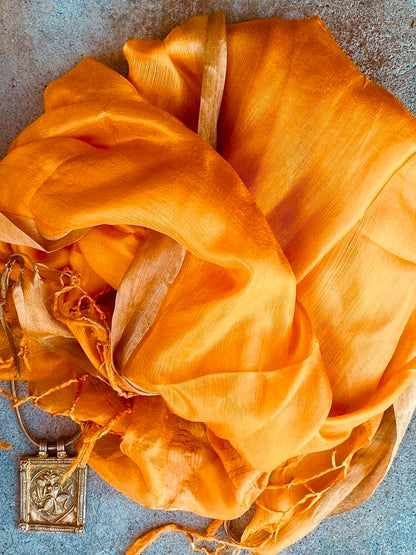 Tangerine whisper pure soft silk with metallic border and fringe tied ends Andrea Serrahn Serrahna