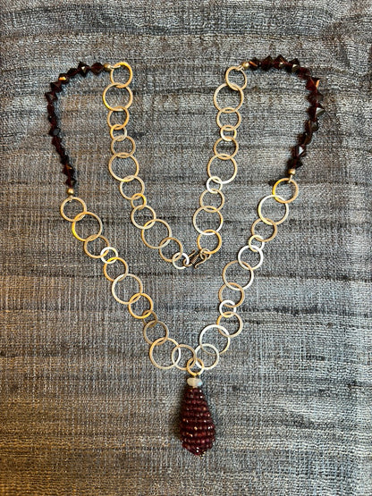 Faceted garnet moonstone sautered silver link chain necklace Andrea Serrahn Serrahna