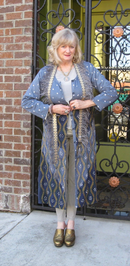Lorelei dress soft hand dyed cotton hand embroidery button front duster dress Andrea Serrahn Serrahna