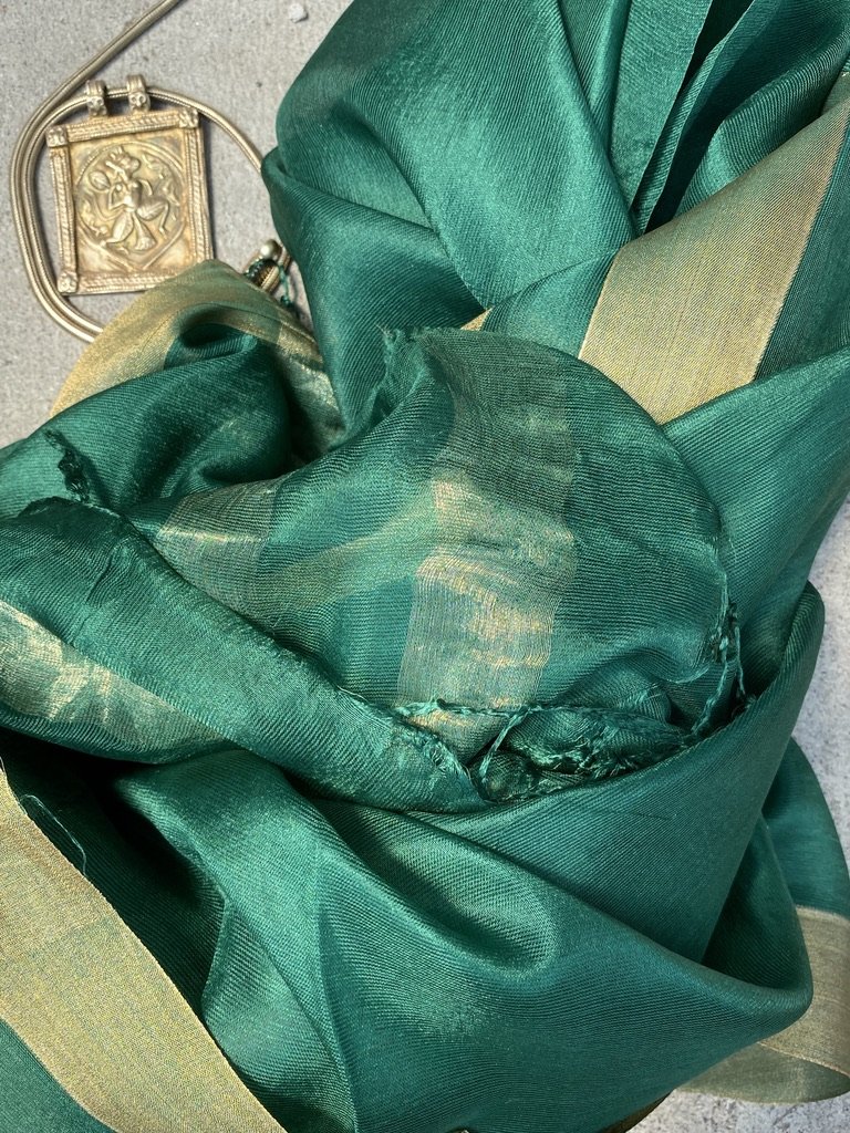 Emerald old gold whisper pure soft silk with metallic border and fringe tied ends Andrea Serrahn Serrahna