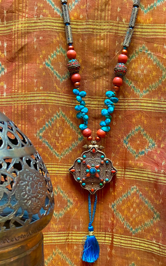 Tibetan gau coral pearl turquoise necklace Andrea Serrahn Serrahna