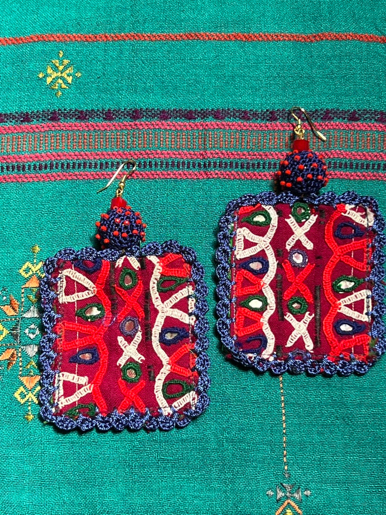 Rabari choli upcycled hand-embroidered oversized lightweight earrings Andrea Serrahn Serrahna