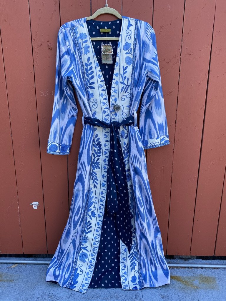 Upcycled Suzani ikat coat long full-length sleeves robe tie Andrea Serrahn Serrahna