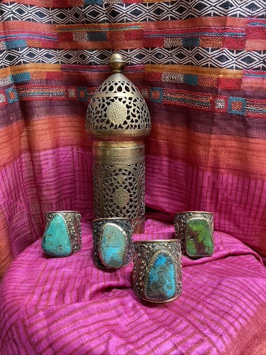 Huge turquoise gemstones in white bronze elaborate scroll work cuff Andrea Serrahn Serrahna