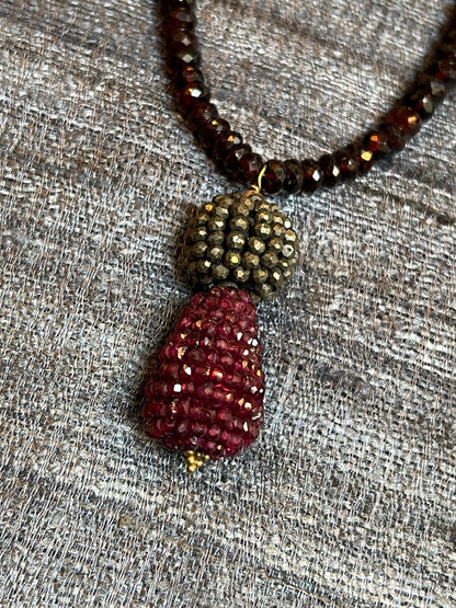 Garnet drop moonstone pendant graduated garnet beads and pyrite strand necklace Andrea Serrahn Serrahna