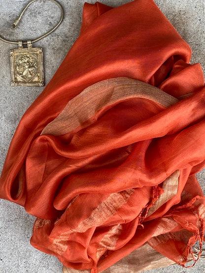 Orange day lily whisper pure soft silk with metallic border and fringe tied ends Andrea Serrahn Serrahna