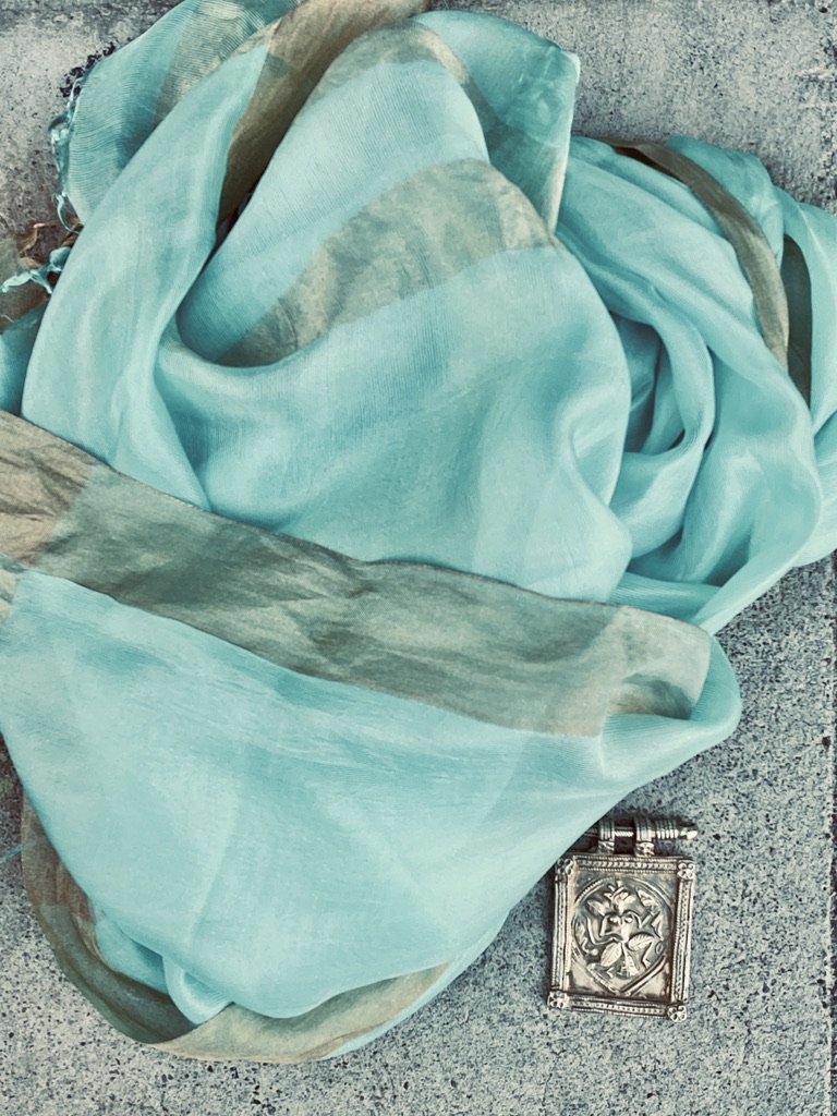 Aqua drop whisper pure soft silk with metallic border and fringe tied ends Andrea Serrahn Serrahna