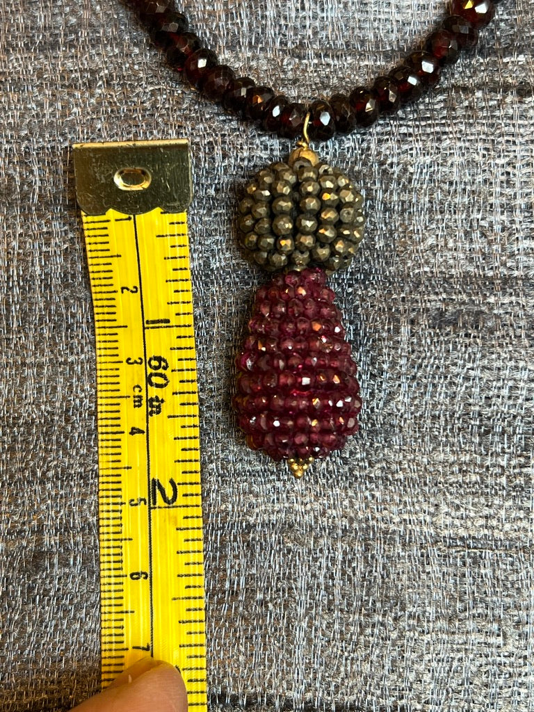 Garnet drop moonstone pendant graduated garnet beads and pyrite strand necklace Andrea Serrahn Serrahna