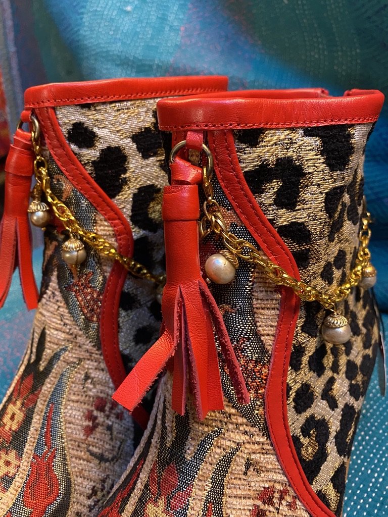 Leopard print bootie comfort zip back red piping Andrea Serrahn Serrahna