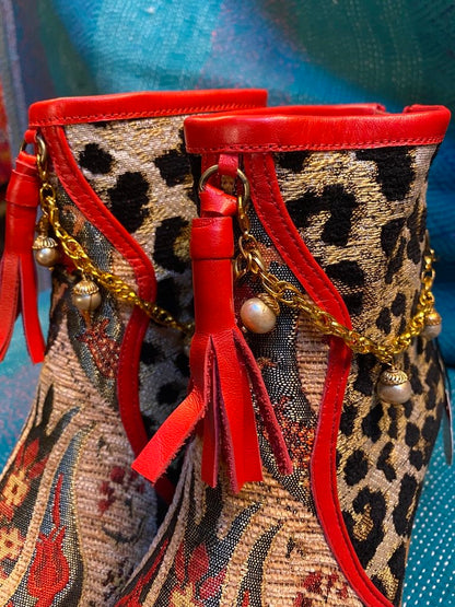 Leopard print bootie comfort zip back red piping Andrea Serrahn Serrahna