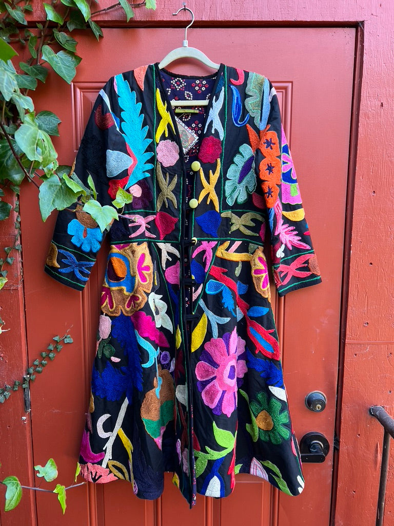 Fleur en noir coat pockets suzani textile a-line coat Andrea Serrahn Serrahna
