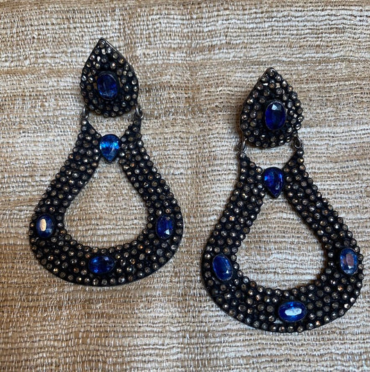Arabesque hinged sterling silver diamond pave faceted blue tanzanite earrings Andrea Serrahn Serrahna