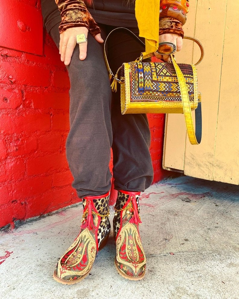 Leopard queen bootie tassles anklet style red piping Andrea Serrahn Serrahna