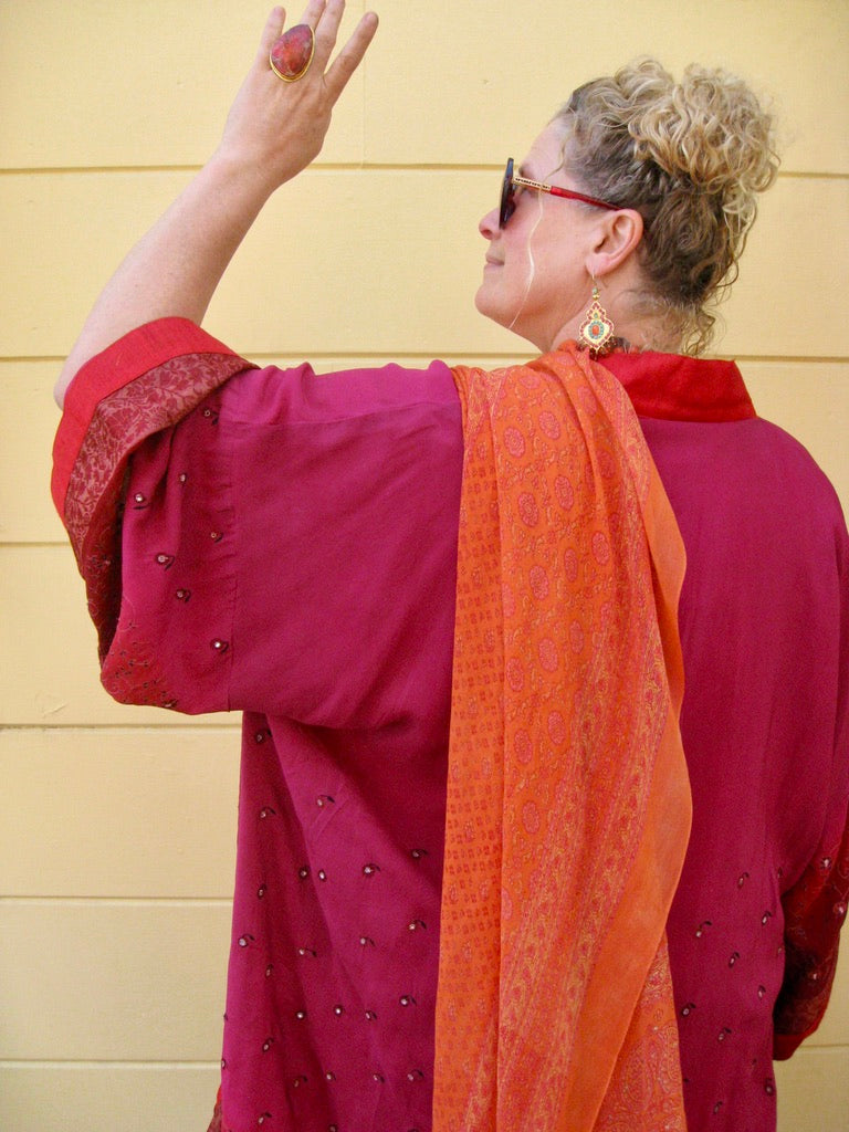 Large kimono one button raw silk red trim ombre raspberry synthetic with and bling embroidery Andrea Serrahn Serrahna