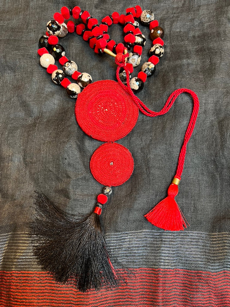 Tribal wooden kutchi button necklace drawstring cord tassle red black necklace Andrea Serrahn Serrahna
