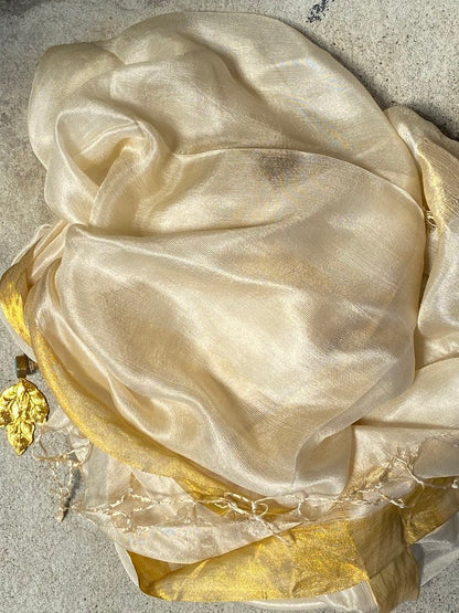 Ecru bold gold border whisper pure soft silk with metallic border and fringe tied ends Andrea Serrahn Serrahna