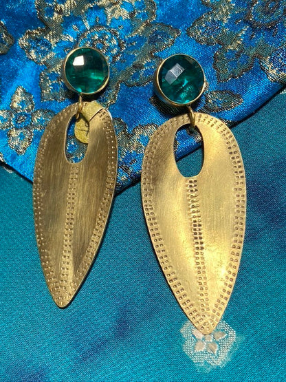 Hand hammered brass long earrings gemstone toppers Andrea Serrahn Serrahna