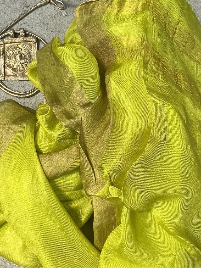 Chartreuse old gold whisper pure soft silk with metallic border and fringe tied ends Andrea Serrahn Serrahna