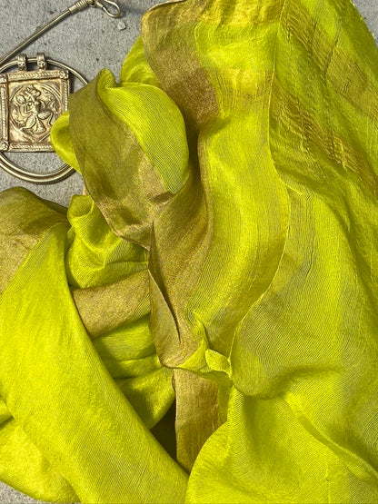 Chartreuse old gold whisper pure soft silk with metallic border and fringe tied ends Andrea Serrahn Serrahna