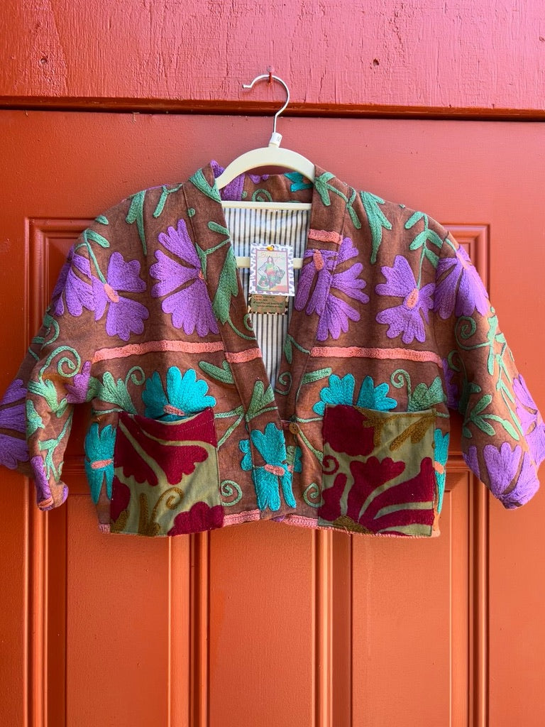 Embroidered bolero in light rust with lavender, burgundy, turquoise & green. #2