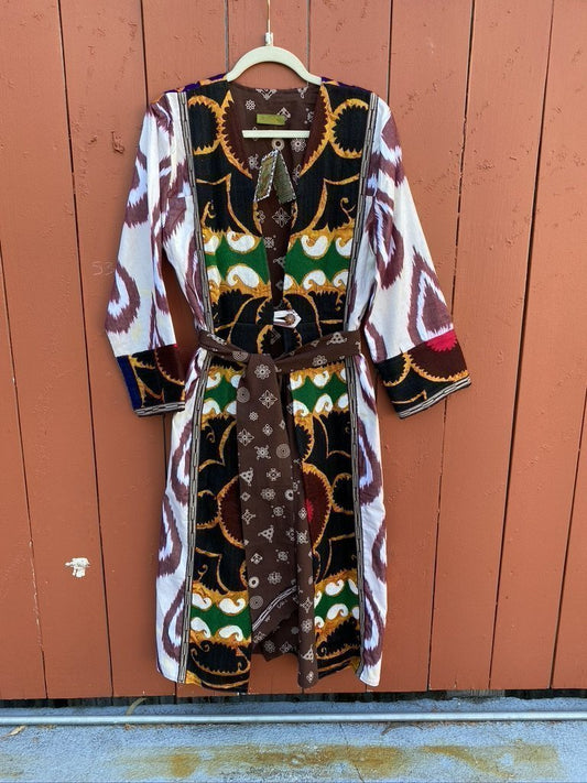 Upcycled Suzani ikat coat long full-length sleeves robe tie Andrea Serrahn Serrahna