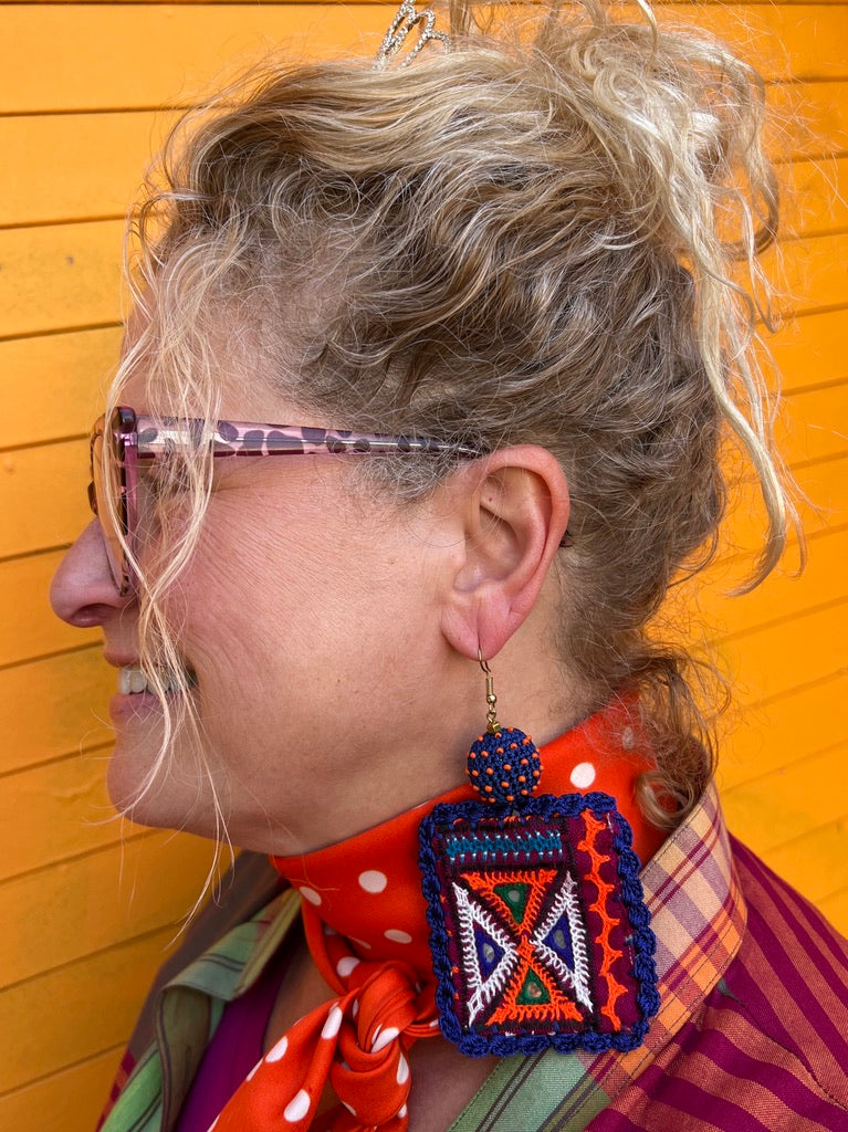 Rabari choli upcycled hand-embroidered oversized lightweight earrings Andrea Serrahn Serrahna
