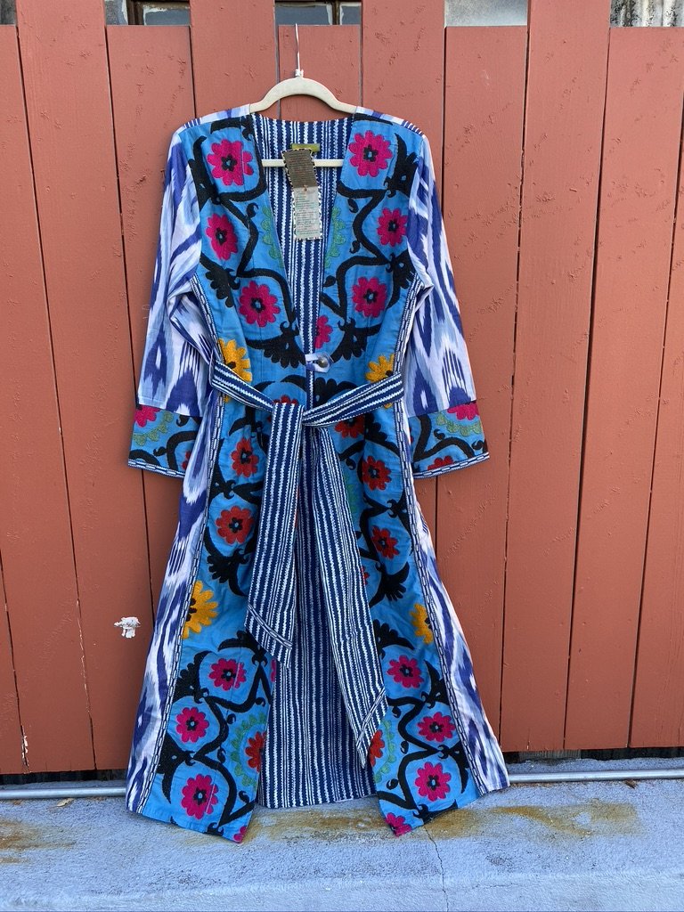 Upcycled Suzani ikat coat long full-length sleeves robe tie Andrea Serrahn Serrahna
