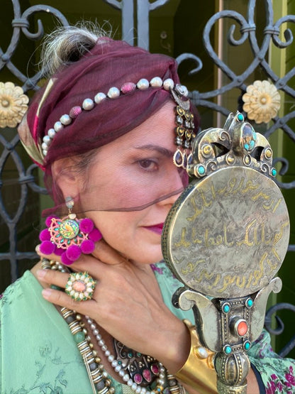 Vintage Turkish Mirrors brass gemstones hand mirror Andrea Serrahn Serrahna